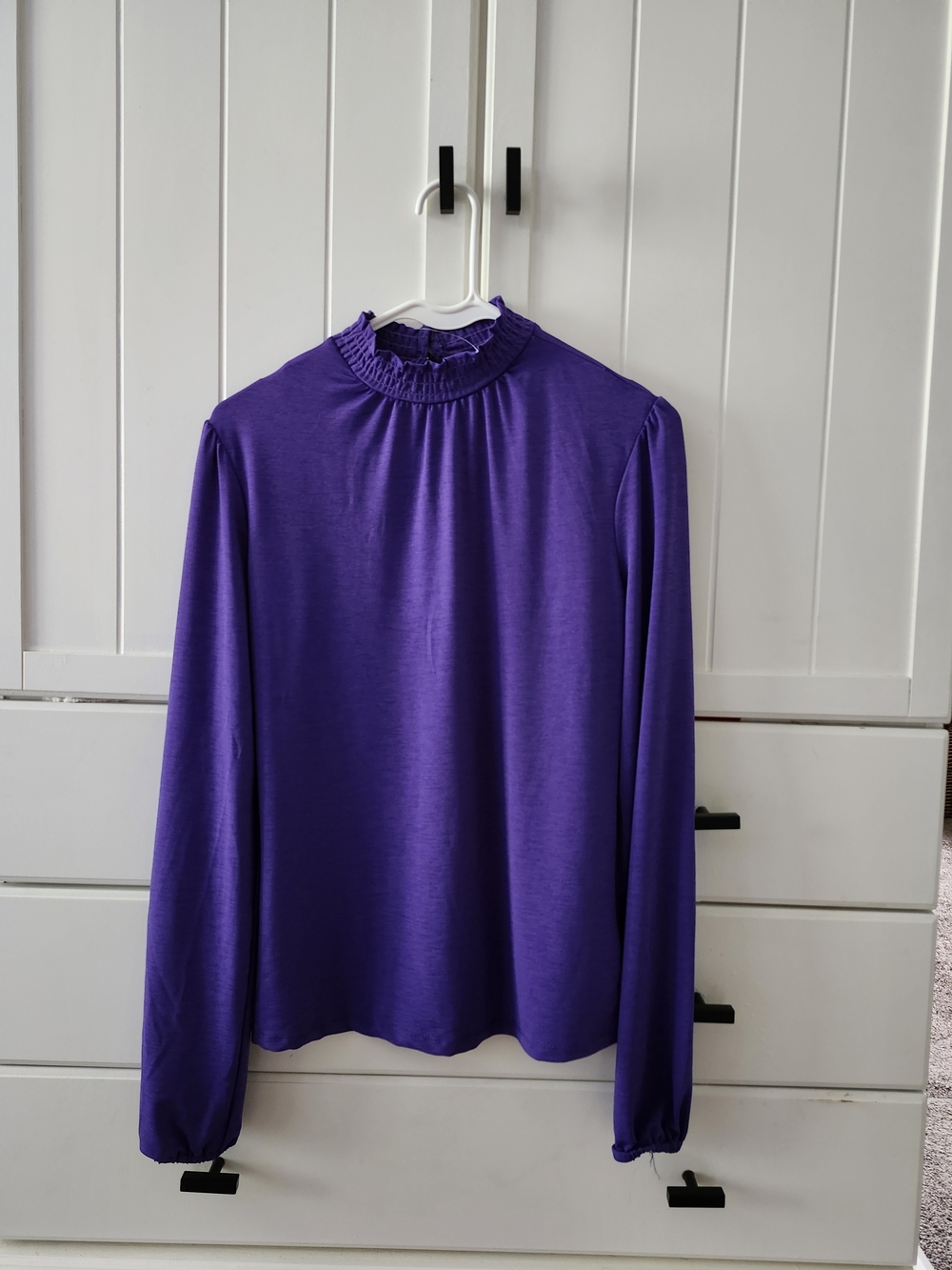 Suzy Shier Purple Ruffle Mock Neck Long Sleeve Blouse